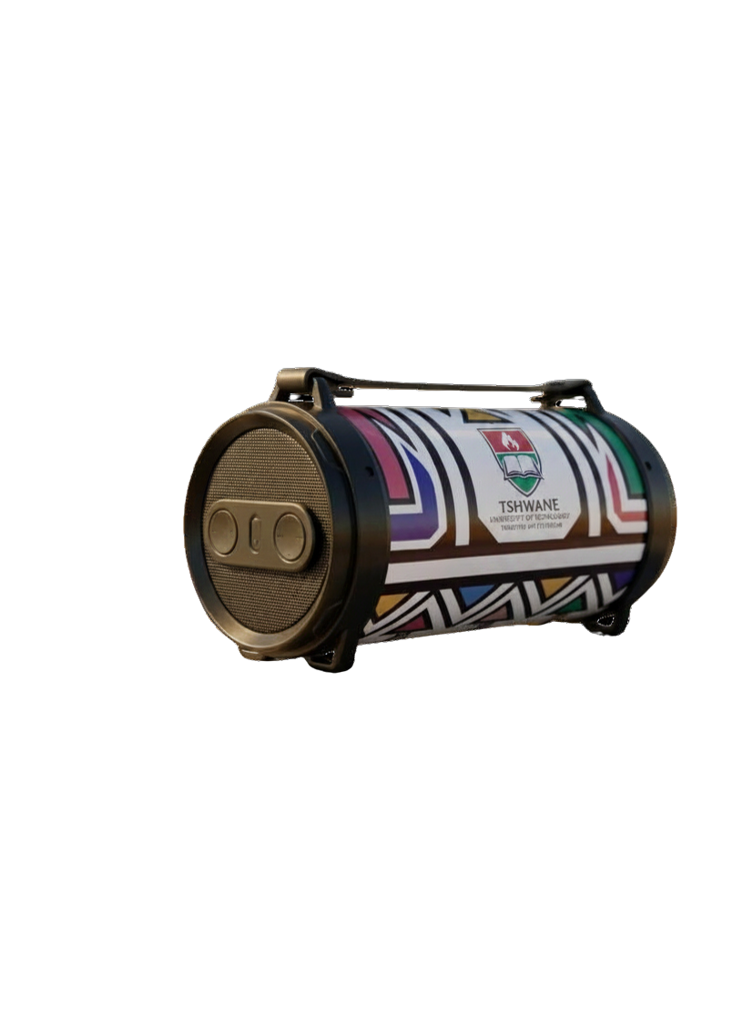 Turnup barrel speaker with Ndebele pattern and Tshwane University of Technology branding